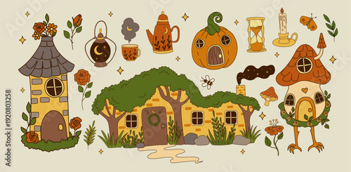 Vintage cottage core magic forest elements. Cute green garden cozy house aesthetic. 