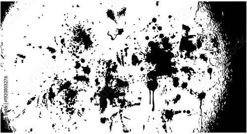 Abstract black ink splatter and grunge texture vector background. Distressed monochrome paint drops and stains create a rough, artistic effect with a dark vignette on the right side.