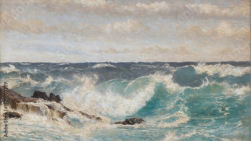 An abstract oil painting of stormy ocean waves crashing on a rocky coastline.