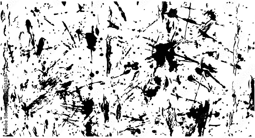 Obraz premium Abstract black ink paint splatter texture vector illustration. Grunge distressed background with random drops and splashes, isolated on transparent background.