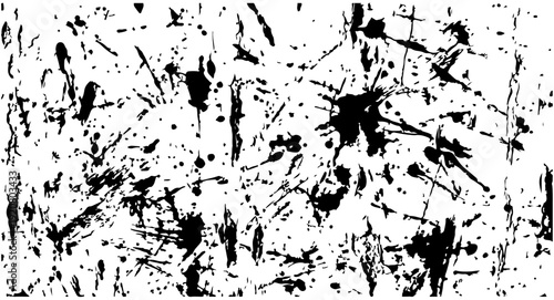 Abstract black ink paint splatter texture vector illustration. Grunge distressed background with random drops and splashes, isolated on transparent background.