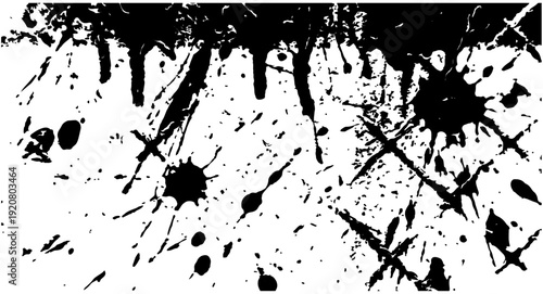 Abstract black ink splatter and drip texture vector. Grunge distressed paint drops and stains creating a messy artistic background element, isolated on a white background.