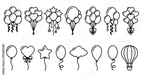 Balloon outline icon collection. Includes round, heart, star, cloud, and hot air balloon shapes. Created in black and white line art style with simple monochrome palette.