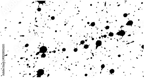 Black ink splatter texture vector illustration. Abstract grunge paint drops and stains creating a distressed, messy, and artistic background element, isolated on a white background.
