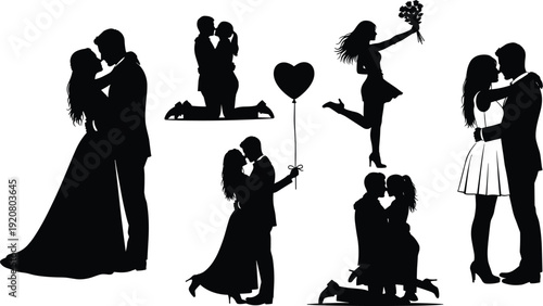Romantic couple silhouette vector illustration, love and affection graphics, wedding proposal drawing, black and white romance art - flat vector illustration