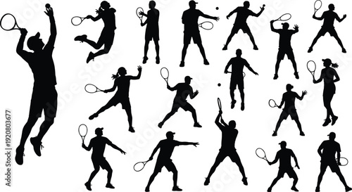 Tennis silhouette vector illustration, sports action graphics, athletic movement drawing, black and white tennis player art - flat vector illustration