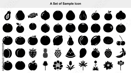 High-quality set of 30 minimalist black and white fruit and vegetable icons in flat design style, perfect for web design, apps, print, and commercial projects with clean and modern aesthetics.