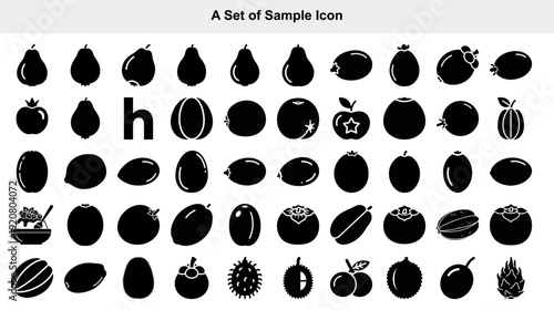 High-quality collection of 30 minimalist black flat design icons depicting various fruits, vegetables, and kitchen utensils on a clean white background, ideal for web design, apps, and print media.
