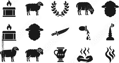 Black and white icon set representing ancient sacrificial rituals and ceremonial offerings, featuring sheep, altars, and ritual implements, conveying historical worship practices