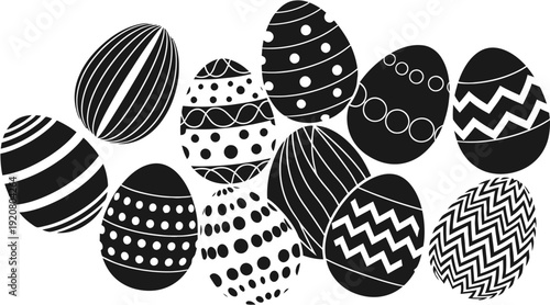 A captivating assortment of decorative Easter eggs adorned with intricate patterns, perfect for seasonal celebrations and holiday designs in a modern monochrome style