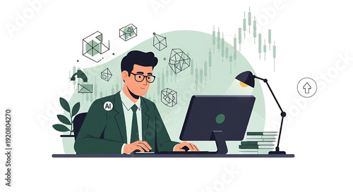 Businessman analyzing financial data on computer with AI assistance and market trends