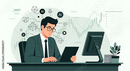 Professional analyzing financial market trends with AI powered data insights on a laptop at desk