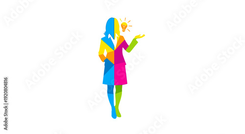 Woman in colorful split personality illustration.