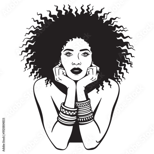 Beautiful Black woman with large afro hair and bracelets line art illustration