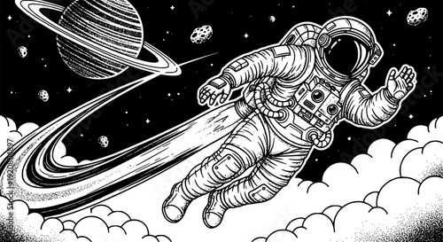 An astronaut in outer space illustration template design. Monochrome vector. Transparent background EPS version.