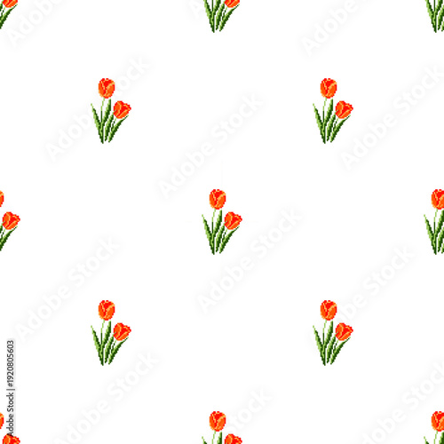 flower pixel art seamless pattern with a soft minimal layout. Perfect for fabric, spring collections, romantic themes, wallpaper, stationery, and print-on-demand products.