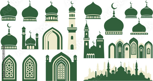 Stylized vector collection of Islamic mosque architectural elements, showcasing diverse domes, minarets, and arches in a serene green palette