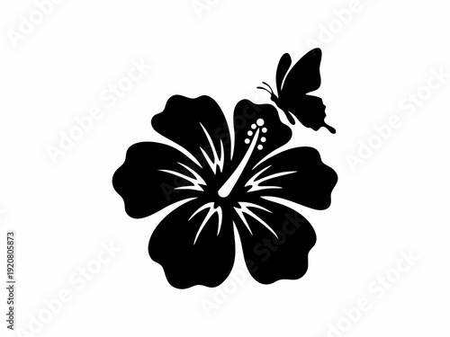 Elegant black silhouette of a blooming hibiscus flower with a butterfly perched on the petal. Minimalist tropical floral design element for logo, tattoo, or decoration
