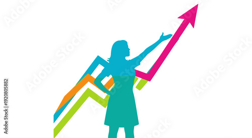Woman pointing up at arrow graph.