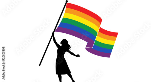 Silhouette of woman holding rainbow flag.