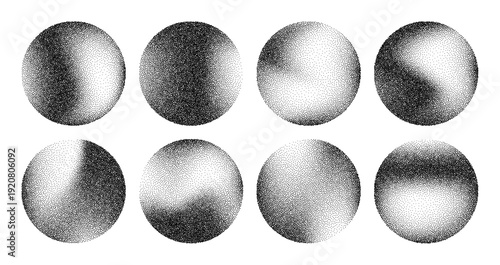 Eight abstract spheres with stipple textures on white background. Dot grain noise vector graphic elements for design template or overlay.