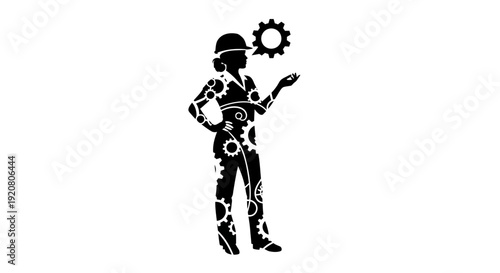 Robot standing with gear and wrench.