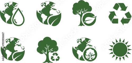 Green vector icon set for environmental sustainability, nature conservation, and recycling. Earth, tree, sun, water drop symbols for eco-friendly design