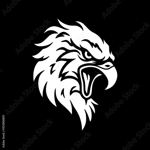 white eagle head silhouette portrait illustration with fierce eye and beak, strong wildlife predator raptor symbol isolated on dark background in modern minimal design.