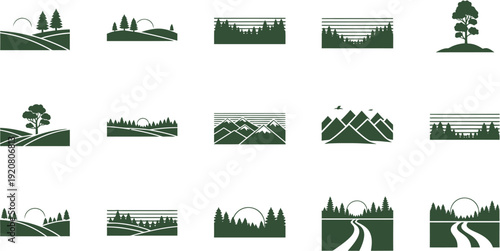 Minimalist vector landscape icon set featuring diverse rural scenes with rolling hills, dense forests, majestic mountains, and tranquil sunsets, ideal for nature-themed design and outdoor concepts