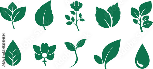 A comprehensive collection of diverse green leaf and plant icons, ideal for representing nature, environmental themes, organic products, and sustainable design projects