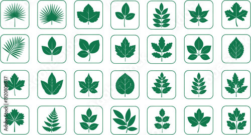 Collection of various green leaf icons in a grid layout, representing nature and plants with a clean, simple design