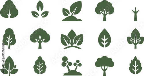 Collection of stylized green tree and leaf icons representing nature, growth, and environmental themes
