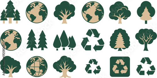 Eco-friendly vector icon set for environmental sustainability, featuring diverse trees, Earth globes, and recycling symbols to represent nature conservation and green initiatives effectively