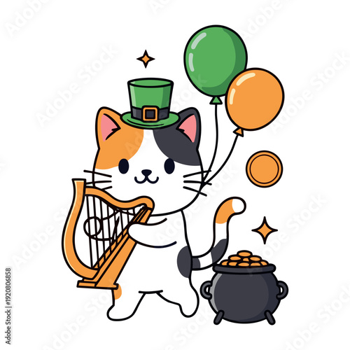 Cute Kawaii Calico Cat Leprechaun Playing Harp with Pot of Gold and Balloons for St. Patrick's Day