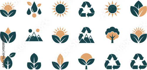 Set of Eco-friendly and Nature-themed icons featuring leaves, sun, mountains, water drops, trees, and recycling symbols for environmental awareness and sustainability