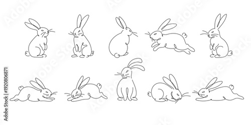 Set of Easter bunny poses in different movements. Line art vector illustration isolated on white background.