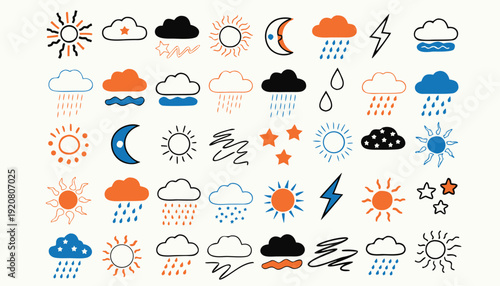 Very beautiful whimsical hand-drawn weather icon set featuring sun, moon, clouds, rain, lightning, stars, and wind lines in creative doodle style for artistic and modern layouts.