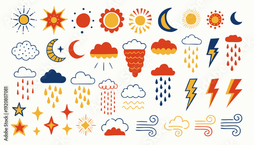 Very beautiful whimsical hand-drawn weather icon set featuring sun, moon, clouds, rain, lightning, stars, and wind lines in creative doodle style for artistic and modern layouts.