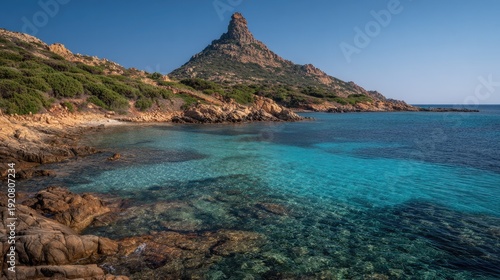 Coastal landscape with rocky shore turquoise water and mountain peak