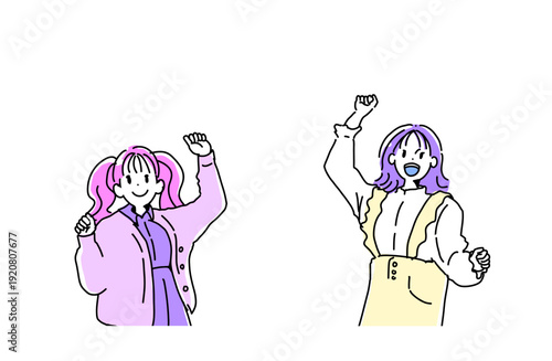 ガッツポーズをして喜ぶ若い女性二人組のイラスト　応援と成功　手書きベクター素材