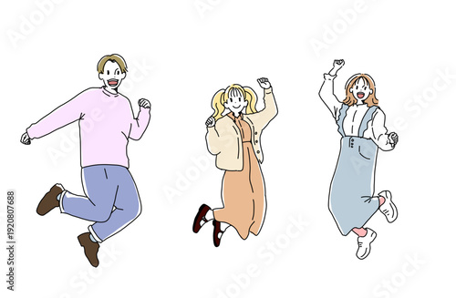 笑顔でジャンプする大学生男女のイラスト　若者と青春　手書きベクター素材
