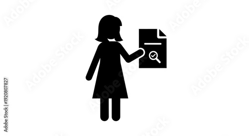 Woman holding document with magnifying glass.