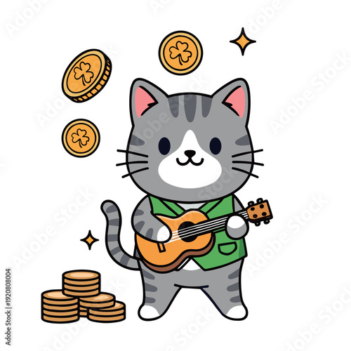 Cute Kawaii Gray Tabby Cat Wearing Green Vest Playing Guitar with Shamrock Gold Coins for St. Patrick's Day