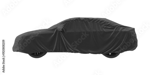 Фотография Black car covered with a protective tarp, isolated on a white background