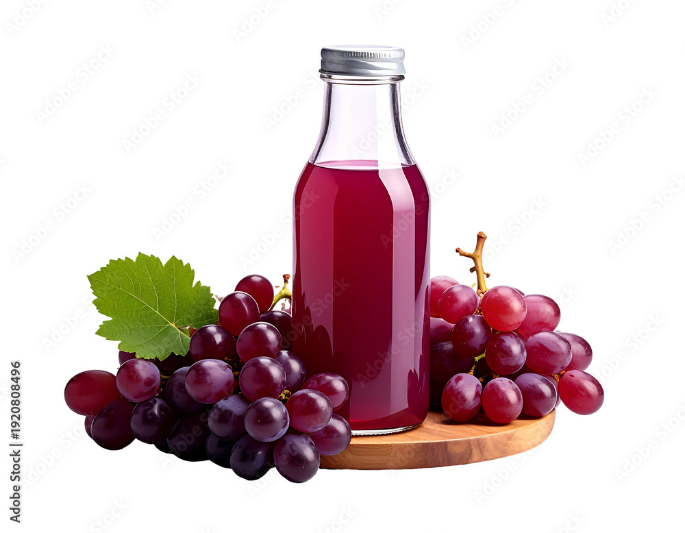 Fototapeta premium Fresh grape juice bottle with grapes on wooden board.