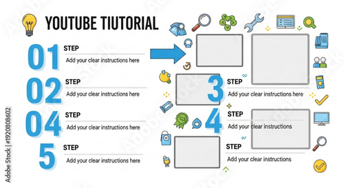Youtube tutorial template with numbered steps and icons on white background for instructional video creation