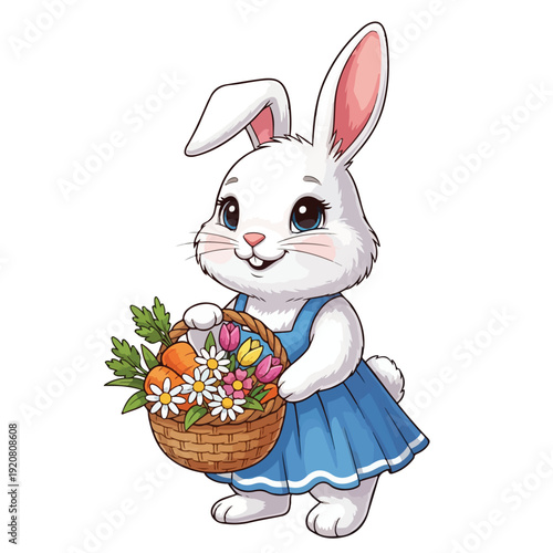 A cartoon white rabbit wearing a blue dress holds a colorful basket of flowers and carrots on a clean white background.
