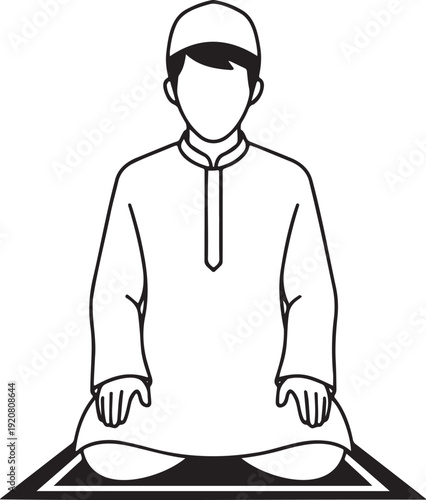 Muslim Man Sitting on Prayer Mat – Islamic Salah Pose Line Art Vector Illustration