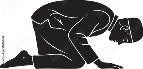 Muslim Man in Sujood Position – Islamic Prayer Prostration Silhouette Vector Illustration