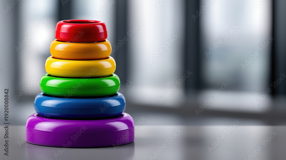 Fototapeta premium Colorful stacking rings arranged on a table in a bright room
